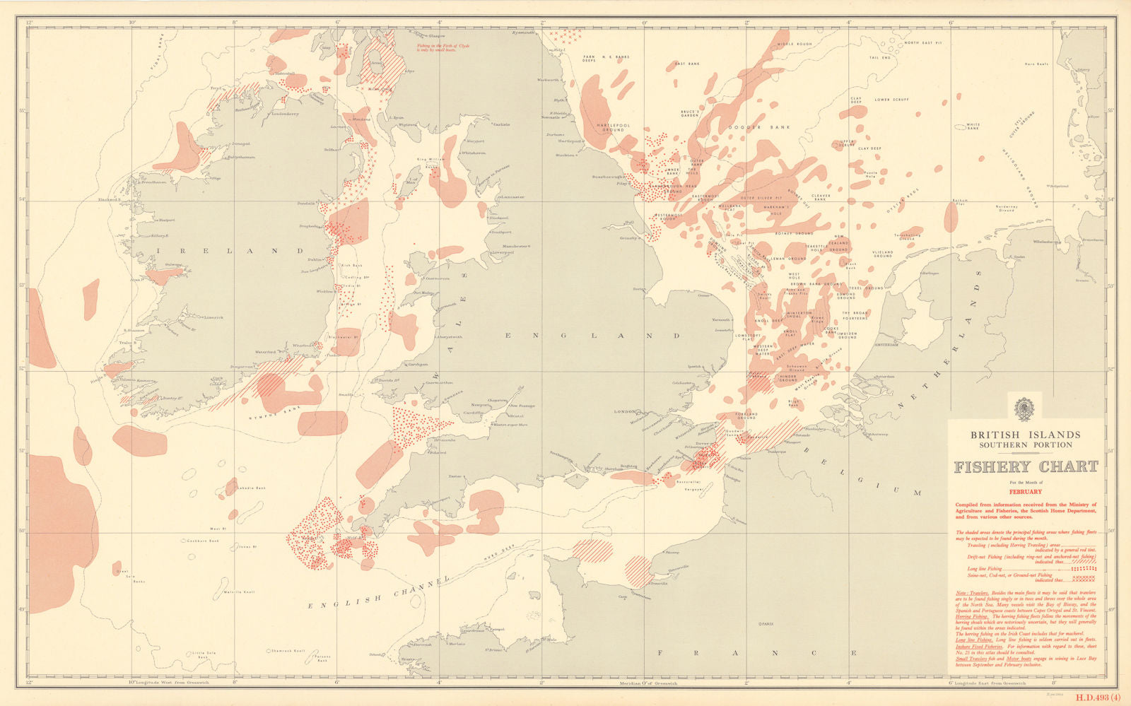 British Isles South February Fishery Chart English Channel North Sea 1953 map